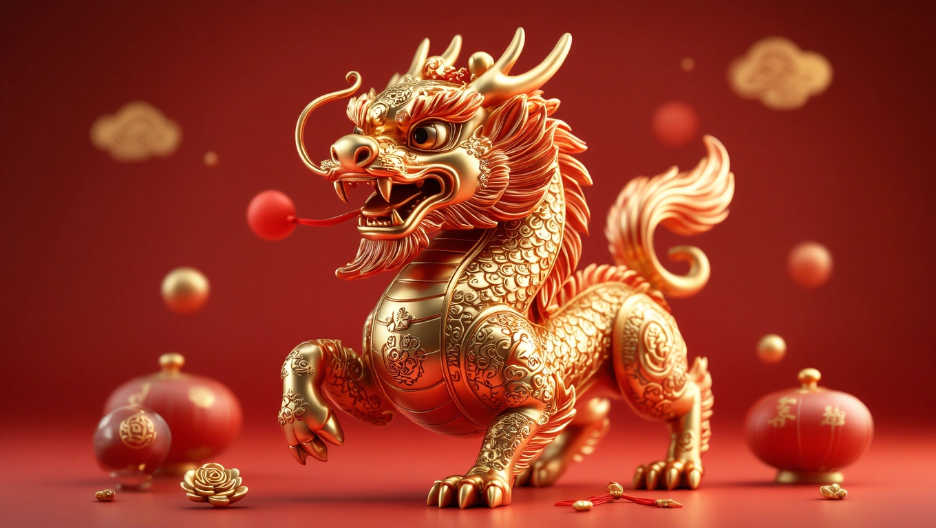 Kínai horoszkóp 2026: Mit hoz a Vörös Tűz Ló éve a csillagjegyek számára? Aranyszínű sárkány figura, piros háttérrel, kínai motívumokkal.