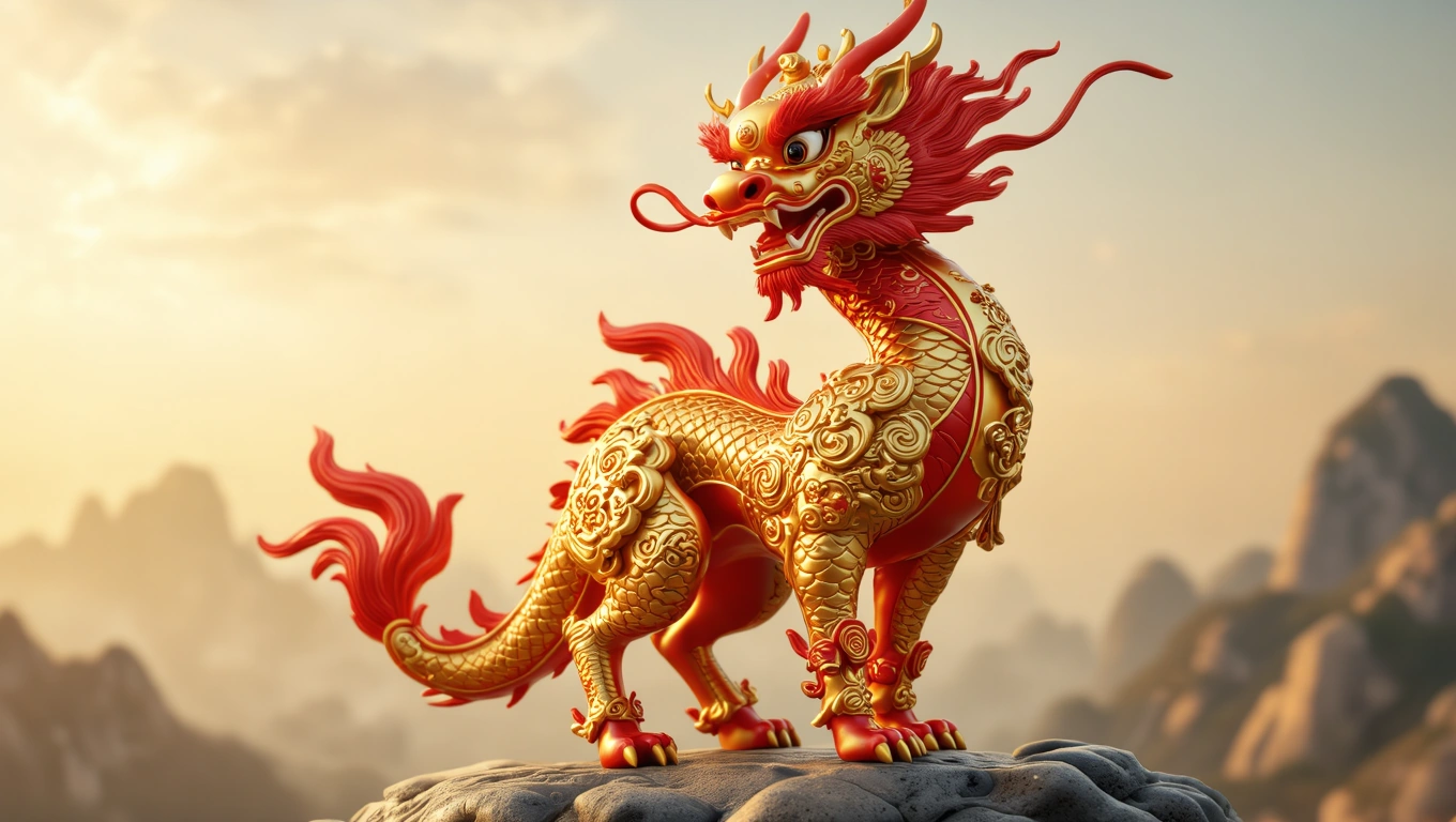 Egy aranyszínű, vörös sörényű sárkány áll egy sziklás hegytetőn, háttérben naplementével.