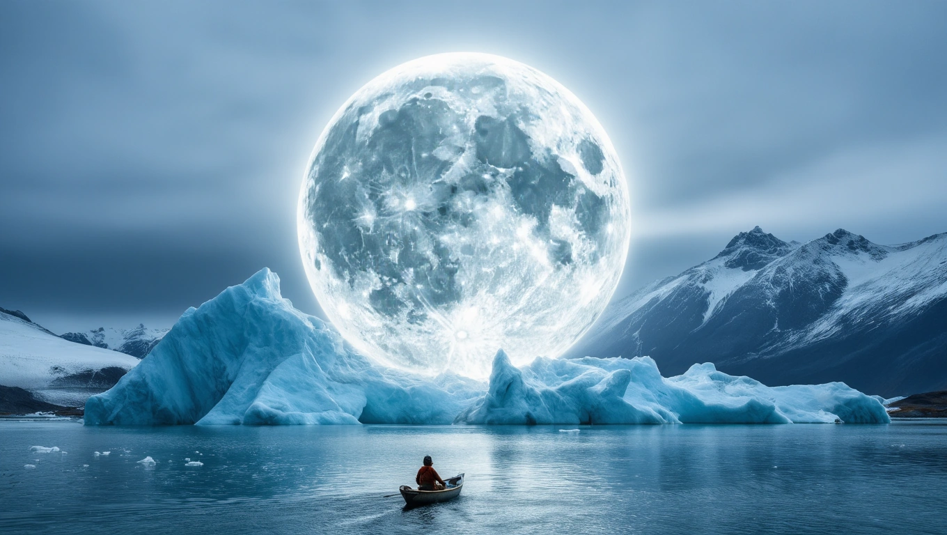 Egy kis csónakban ülő ember nézi a hatalmas újholdat, amely a hegyek felett ragyog.