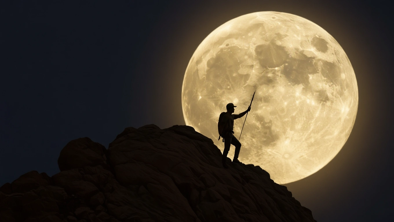 Így használd az újhold teremtő erejét a céljaid eléréséhez Egy hegymászó sziluettje áll a hatalmas újhold előtt, amely fénye megvilágítja a tájat.