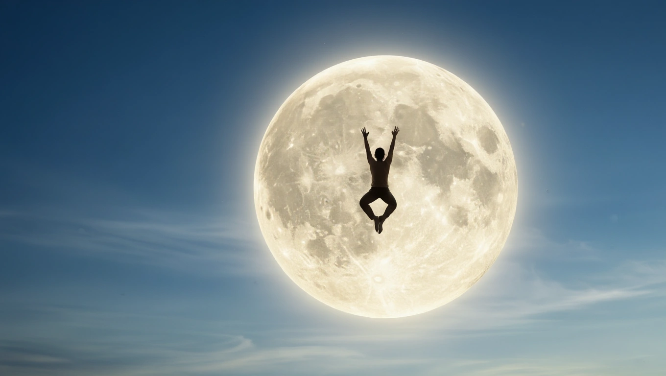 Így használd az újhold teremtő erejét a céljaid eléréséhez Egy ember lebeg a hatalmas újhold előtt, szimbolizálva az új kezdeteket.
