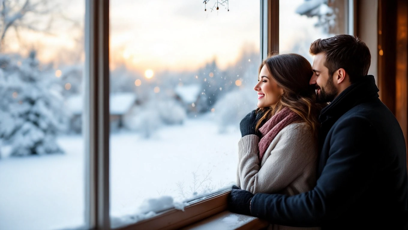 Pár együtt nézi a hóesést az ablaknál, romantikus pillanatban.