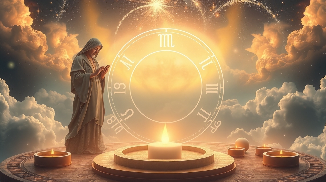 Astrológiai szimbólumokkal teli háttér háttérben álló bölcs figura.