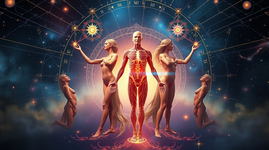 Asztrológiai jelképek és emberi testek, a testi alkati jellemzők kapcsolatának ábrázolása.