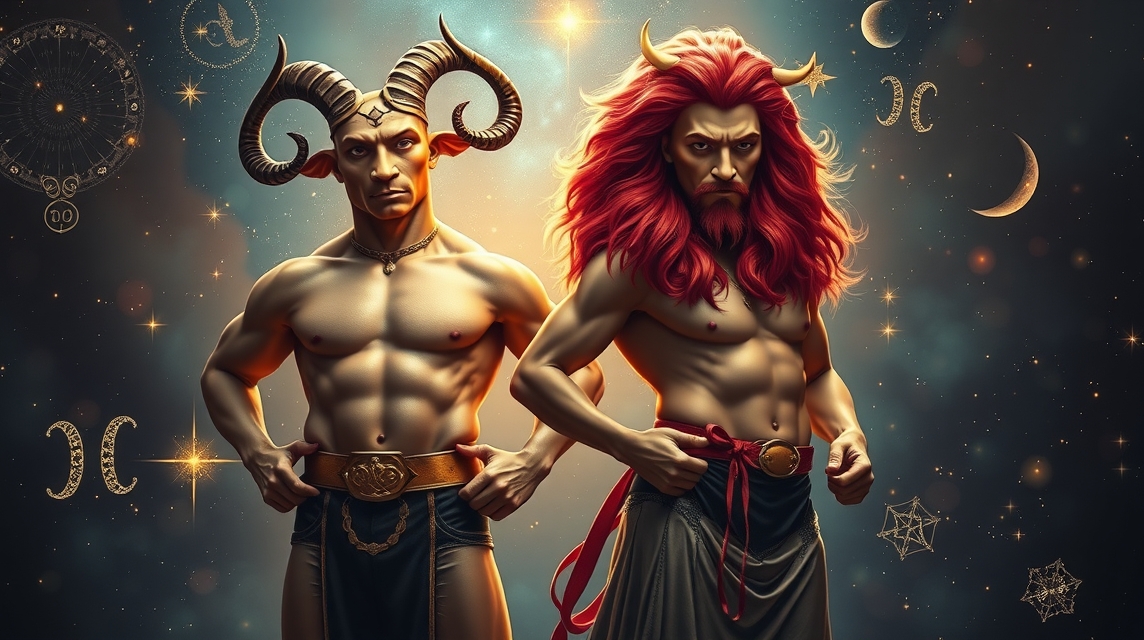 Két erőteljes férfi, akik a kos és a skorpió csillagjegyeket képviselik.