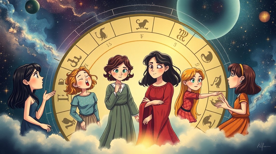 Fiatal lányok egy horoszkóp körül a különböző csillagjegyekkel.