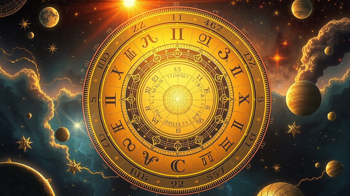 Asztrológiai táblázat a kozmikus állásokról és az aszcendenst jelképező szimbólumokkal.