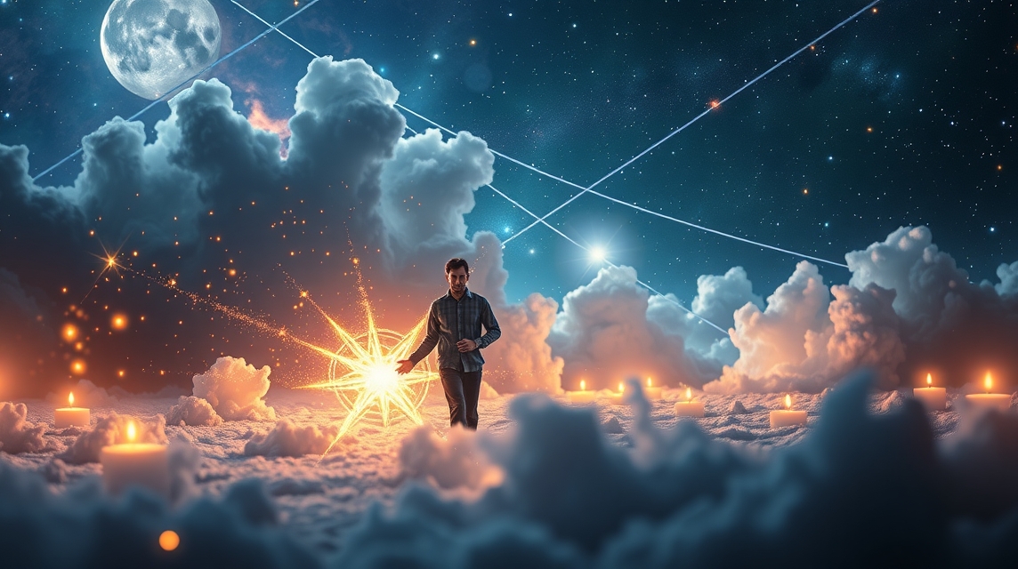 Fiatal férfi asztrológiai energiák között csillagokkal és felhőkkel