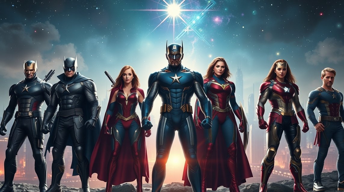 A Bosszúállók szuperhős csapata egy galaktikus háttér előtt.
