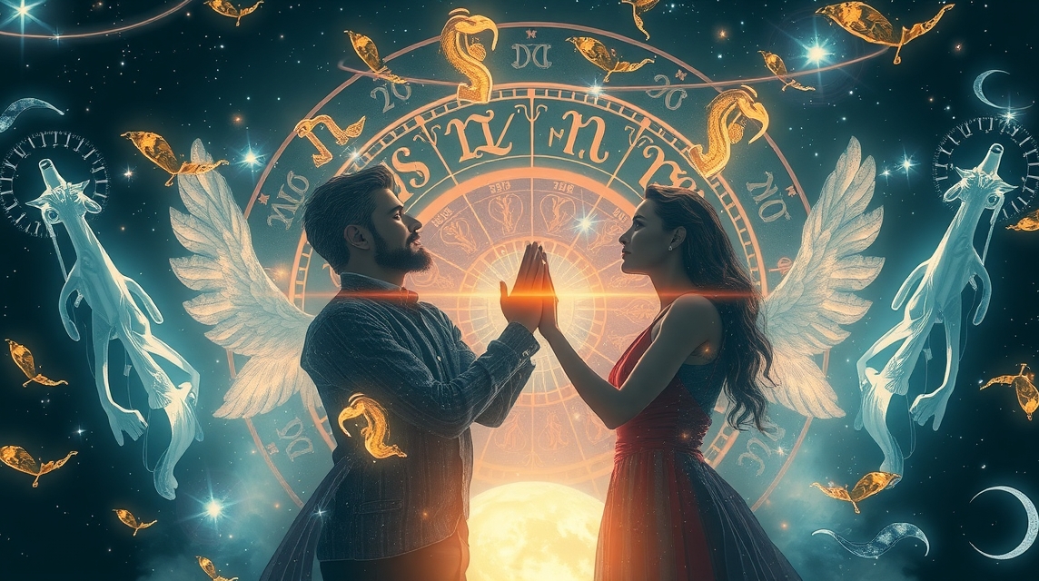 Pár a horoszkóp jegyek és csillagok előtt, szimbolizálva a hűséget és megbízhatóságot.