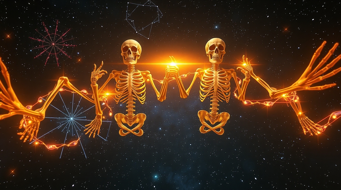 Két csontváz a csillagos ég alatt, asztrológiai motívumokkal.