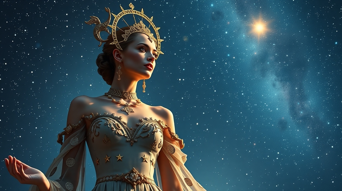 Nő csillagokkal díszített elegáns ruhában az éjszakai égbolton