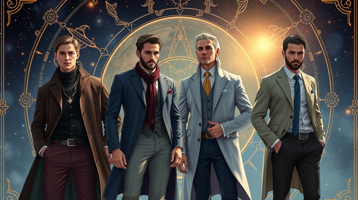 Elegáns férfiak asztrológiai stílusban, az elegáns öltözködés bemutatása.
