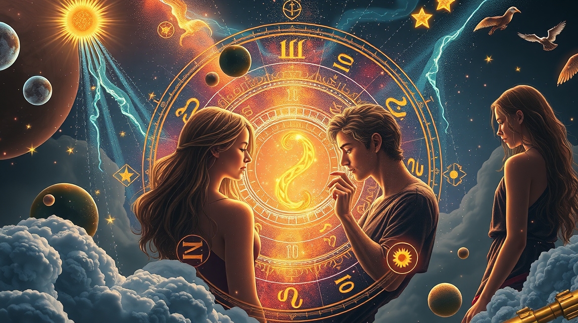Asztrológiai szimbólumok és emberek a születési képlethez kapcsolódva.