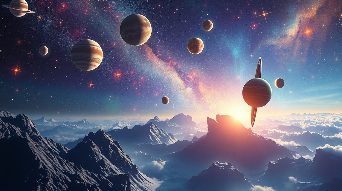 Bolygók és csillagok az éjszakai égbolton, asztrológiai szimbólumokkal.