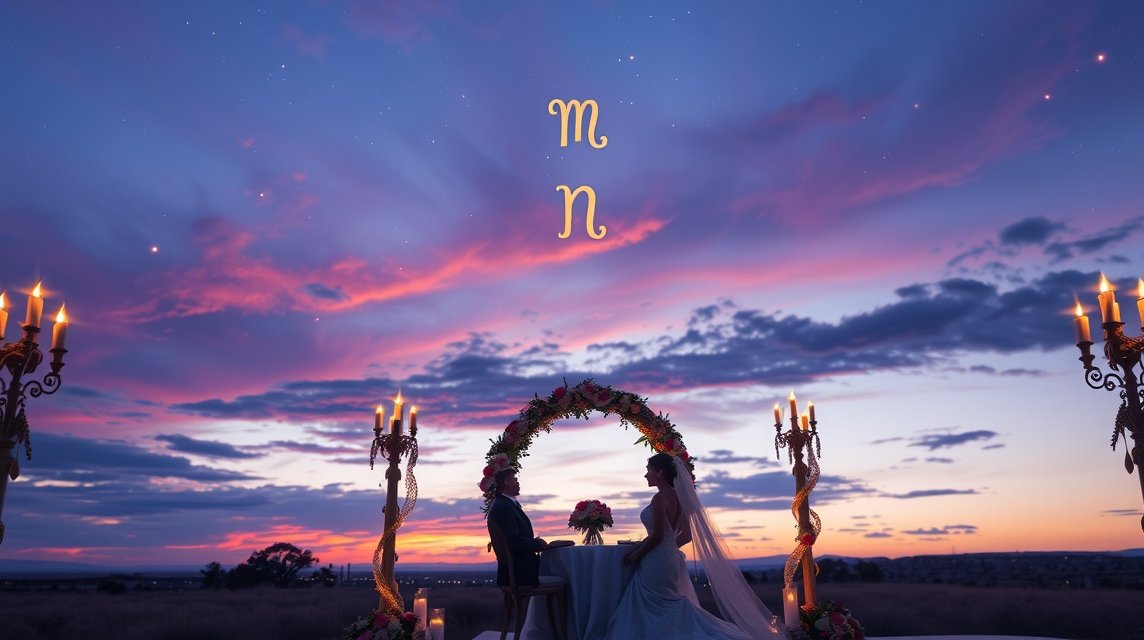 Romantikus esküvői ceremónia naplementében