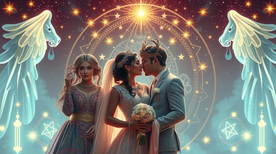 Hármas csillagjegyes pár és barátjuk esküvői környezetben.