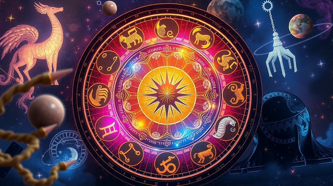 Kosmonautikus horoszkóp grafika az év bolygóhatásainak bemutatásával