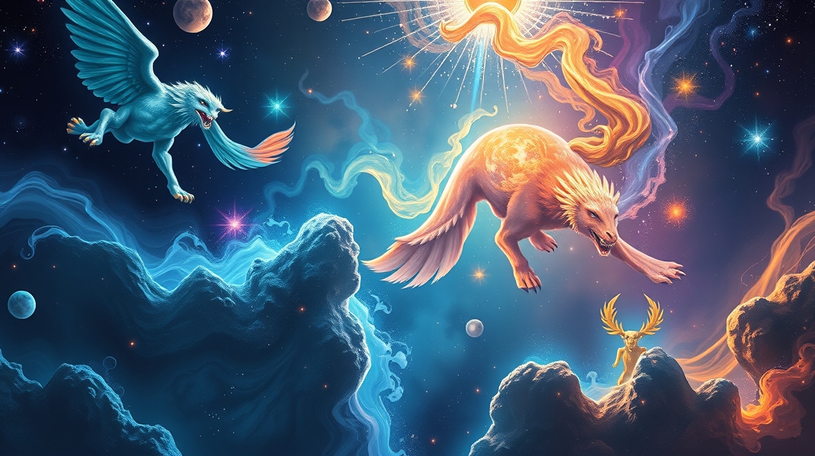 Asztrológiai jegyek szimbolikus ábrázolása egy színes festményen.