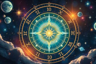 Asztrológiai horoszkóp kör 11. házzal és bolygókkal