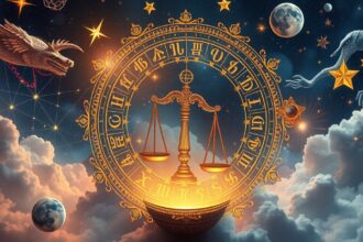 Astrológiai szimbólumok és a jogi igazságosság súlya.