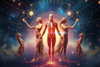 Asztrológiai jelképek és emberi testek, a testi alkati jellemzők kapcsolatának ábrázolása.
