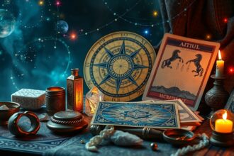 Asztrológiai elemek, kártyák, és természetes anyagok az asztrológiában.