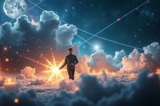 Fiatal férfi asztrológiai energiák között csillagokkal és felhőkkel