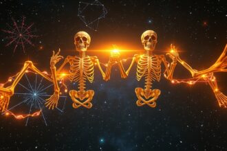 Két csontváz a csillagos ég alatt, asztrológiai motívumokkal.