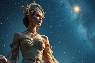 Nő csillagokkal díszített elegáns ruhában az éjszakai égbolton