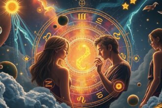 Asztrológiai szimbólumok és emberek a születési képlethez kapcsolódva.