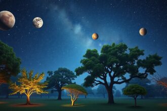 Éjszakai égbolt fák alatt, bolygók a háttérben
