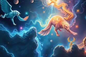 Asztrológiai jegyek szimbolikus ábrázolása egy színes festményen.