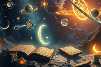 Asztrológiai szimbólumok, könyv és csillagok az égen.