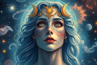 Asztrológiai fiziognómia és bolygóhatások ábrázolása egy női arcon.