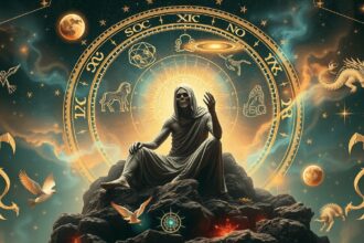 Asztrológiai szimbólumok körül ülő figura a halálnemek témájában.