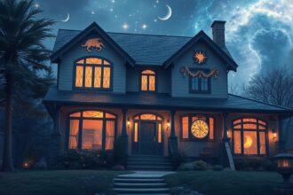 Csodálatos ház csillagos éjben, az otthon és biztonság szimbóluma.