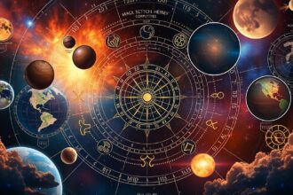 Asztrológiai térkép bolygókkal és csillagjegyekkel.
