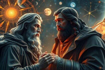 Két asztrológus a csillagok alatt, bolygók és horoszkóp háttérrel.