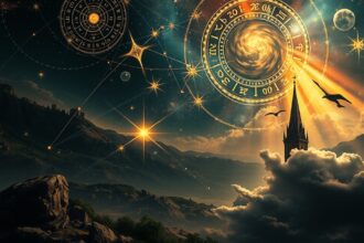 Asztrológiai szimbólumokkal teli festmény éjszakai tájban