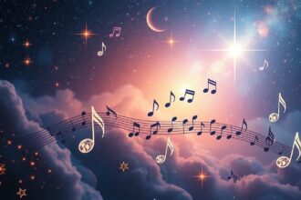 Csillagos ég és zenei noták egy szimbolikus asztrológiai világban.