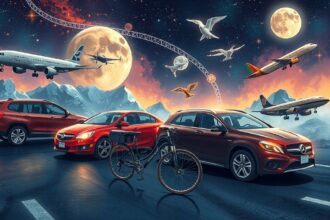 Különféle közlekedési eszközök és asztrológiai szimbólumok egy képen.