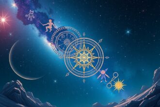 Asztrológiai szimbólumok és csillagjegyek az éjszakai égen.