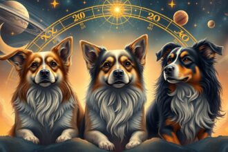 Három kutya asztrológiai háttérrel, amelyek a csillagjegyek jellemzőit szimbolizálják.