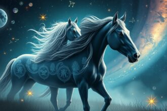 Asztrológiai lovak a csillagok között, szabadság és mozgás szimbóluma.