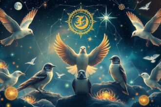 Asztrológiai madarak: galamb, holló és sas szimbólumokkal.