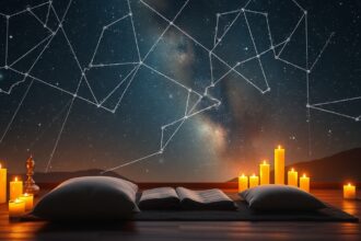 Meditációs tér csillagokkal és gyertyákkal az éjszakai égbolton.