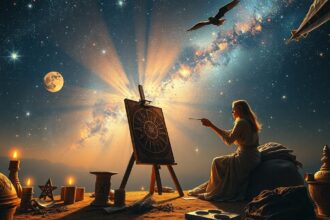 Művész asztrológiai inspirációval, csillagok és galaxis háttérrel.