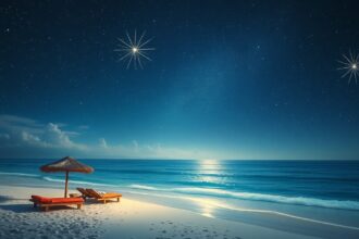 Két napernyő a tengerparton csillagos éjszaka alatt