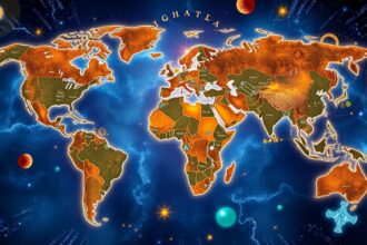 Világtérkép asztrológiai elemekkel, országok és városok horoszkópjával.